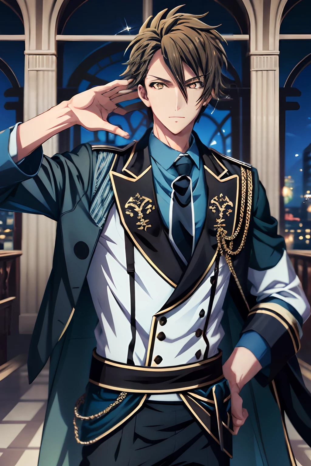 tsunashi ryuunosuke\(idolish7\), 独奏, 1 boy, Male Focus, Look at viewers, brown haired, yellow  eyes, 鎖骨, put hands on the hip, Black prince uniform, Dark blue necktie