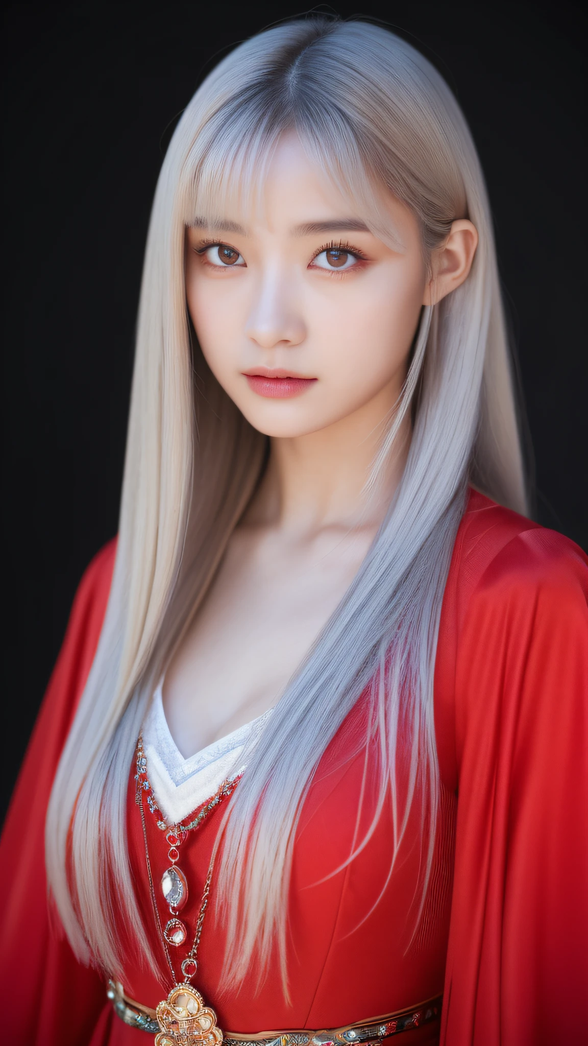 (masterpiece、top-quality、top-quality、Beautifully Aesthetic:1.2)、(1girl in:1.3)、(Fractal art:1.3)、absurderes、masterpiece、top-quality、realisitic、ultra-detailliert、(shinny skin)、Look at viewers、A slender、1girl in、独奏、stright long hair、Princess Cut、red eyes、动态照明、hight resolution、foco nítido、depth of fields、 tiny chest、Vampires、masterpiece、top-quality、ultra-detailliert、Super detailed face、best quality face、20 years old、Adults、1girl in、20 years old、No humans、white hair、Alchemy costume、Intricate detailed costumes、sexy pose、Glowing red dress