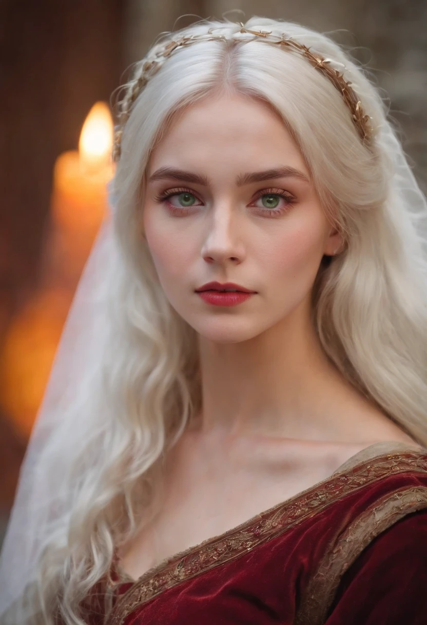 (((a deep reddish wound crosses her left cheek))) fair complexion, woman around 19 years old, natural white hair, distinctive green eyes, wearing kohl, slender and graceful, beautiful, candlelight in a medieval setting, ultra sharp focus, realistic shot, medieval female clothes, tetradic colors (scar:1.4)