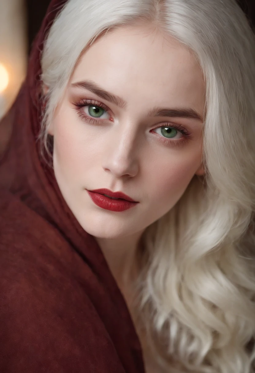 (((a deep reddish wound crosses her left cheek))) fair complexion, woman around 19 years old, natural white hair, distinctive green eyes, wearing kohl, slender and graceful, beautiful, candlelight in a medieval setting, ultra sharp focus, realistic shot, medieval female clothes, tetradic colors (scar:1.4)