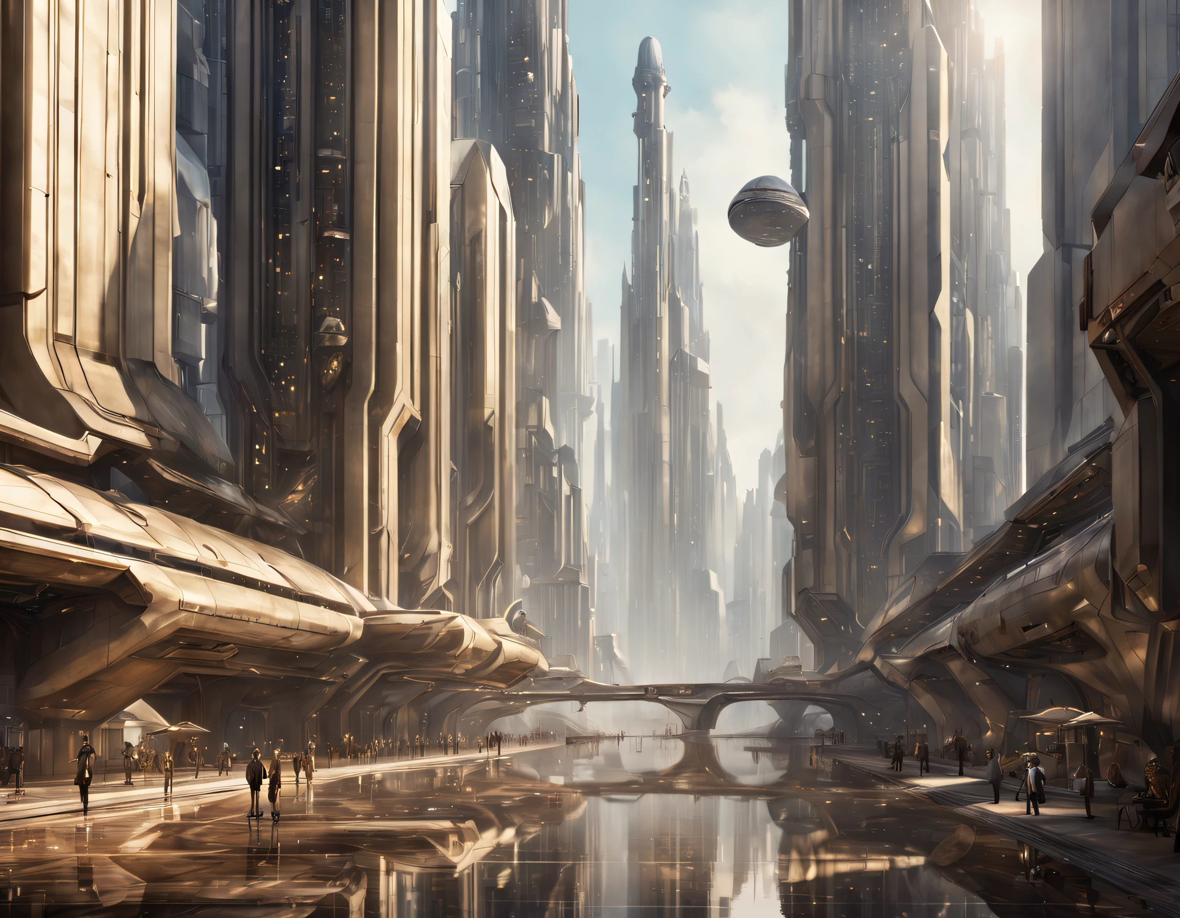 On an unknown planet lies a futuristic fantasy city with immense buildings of technological design (que forman una avenida infinita), con estructuras acristaladas en plata, oro y bronce espectaculares, (con colores vivos). pavimento ensolado (sin brillo). gente paseando. (similar a coruscant de star wars). imagen bien definida con muchos edificios juntos. imagen nitida bien definida 8k. los edificios llegan alta el fondo.,8k.