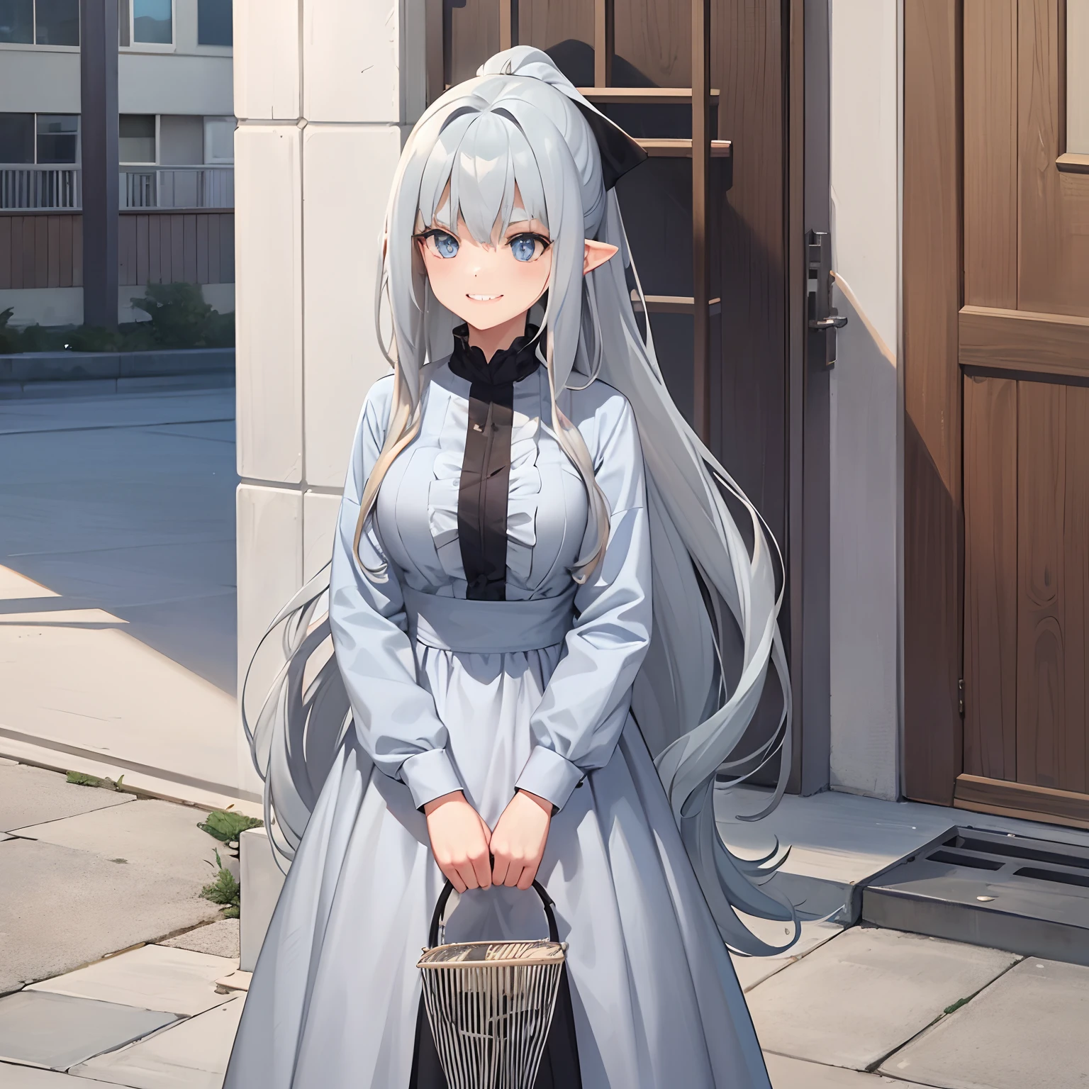 Young woman in loose long sleeve jersey, grayish-blue hair, with long bangs above the eyebrows,, Large eyes, eyes are brown, gently smiling, Timid girl, Thin drooping eyebrows, harmless, Wavy Hair, Not fishing eyebrows, Physical education teacher, Low position ponytail, in her 20s, short stature