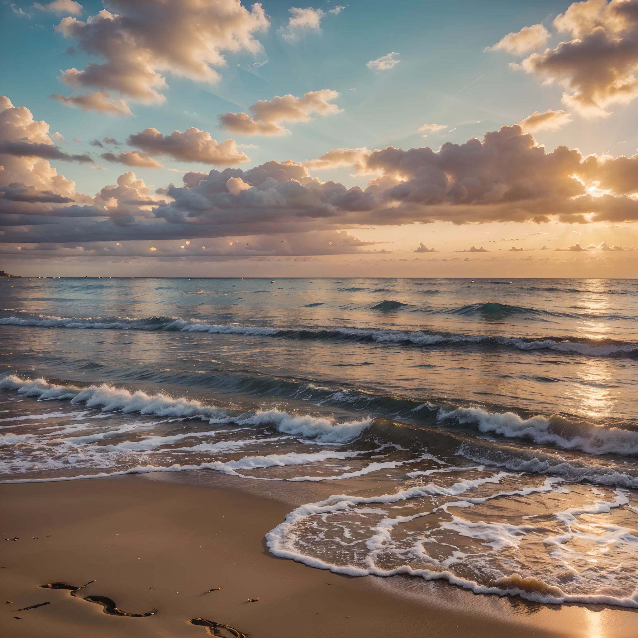 White clouds in the shape of hearts，evening light，beachside，sandbeach，Miscellaneous details，Volumetric lighting BREAK（tmasterpiece：1.2）， （Best Picture Quality）， 4k， ultra-delicate， （dynamic compositions： 1.4）， Rich in detail and color， （Irridescent color： 1.2）， （with light glowing， Atmospheric lighting）