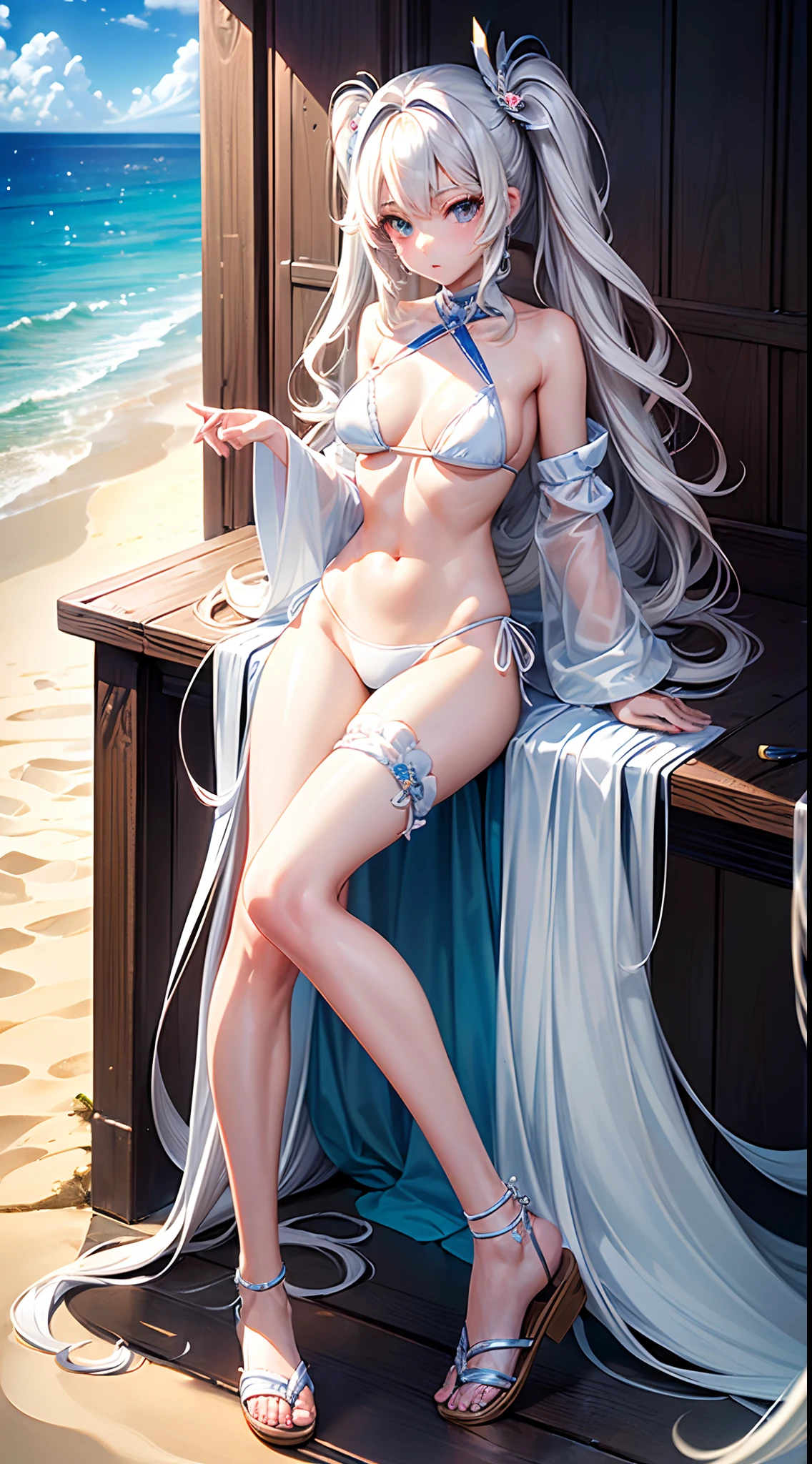((Best Quality)), (ultra-detailliert), ((Extremely detailed)), (Beautiful), ((Kawaii Girl)),(two side up hair)、((masutepiece)),Platinum Blonde Hair,Long hair, hair between eye, Wavy Hair, Long sideburns,Jade colored eyes, White skin,Normal Chest,Slender body,side tie bikini bottom、Sandals,in beach,One Woman,Anime