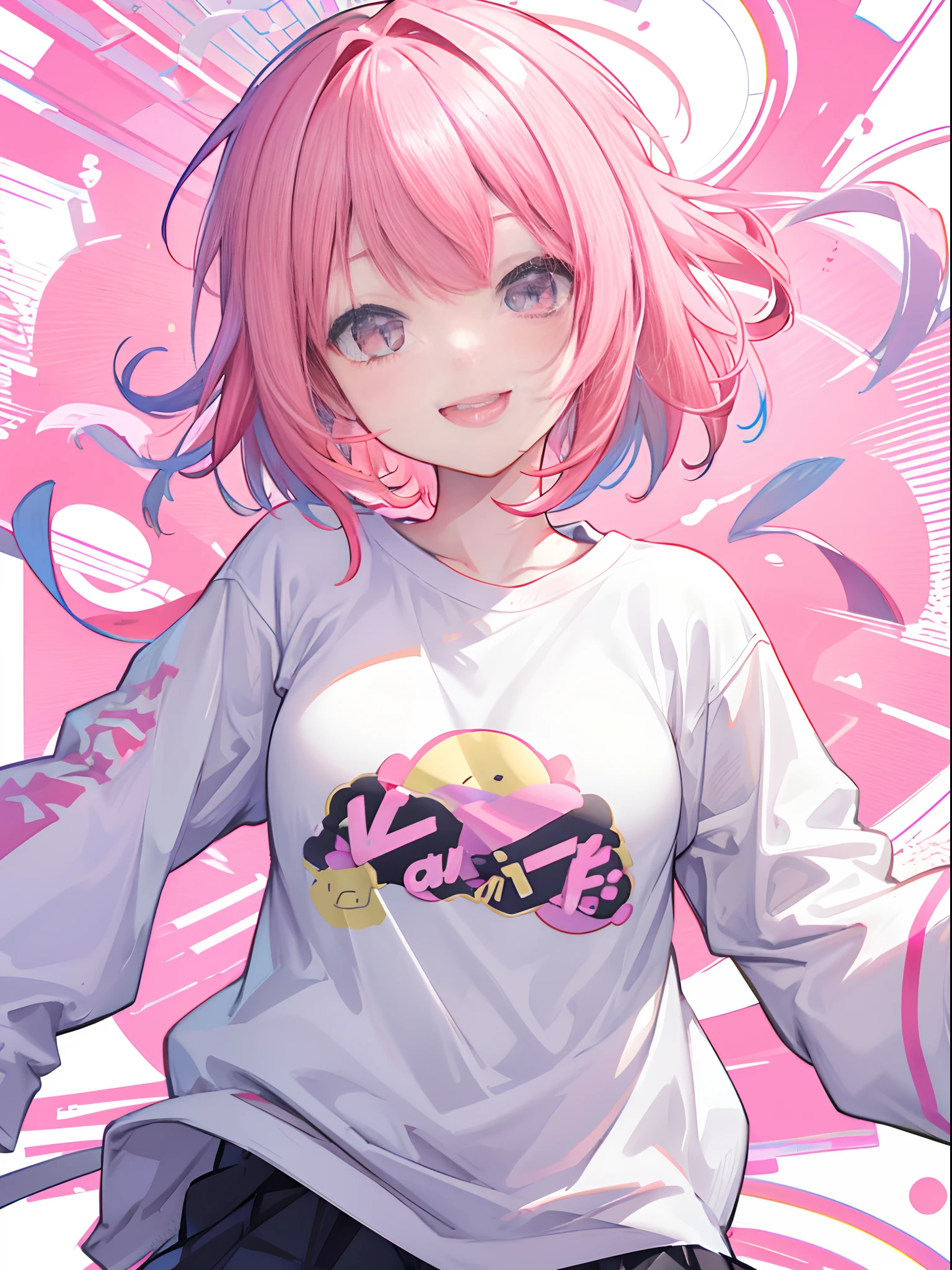 Youtube thumbnail style, vtuber, casual clothes, solod color shirt, anime girl, bust up, happy face, smiling, facing front, talking, pink hair, short hair, solid white background. Leave a bit of space from the edge