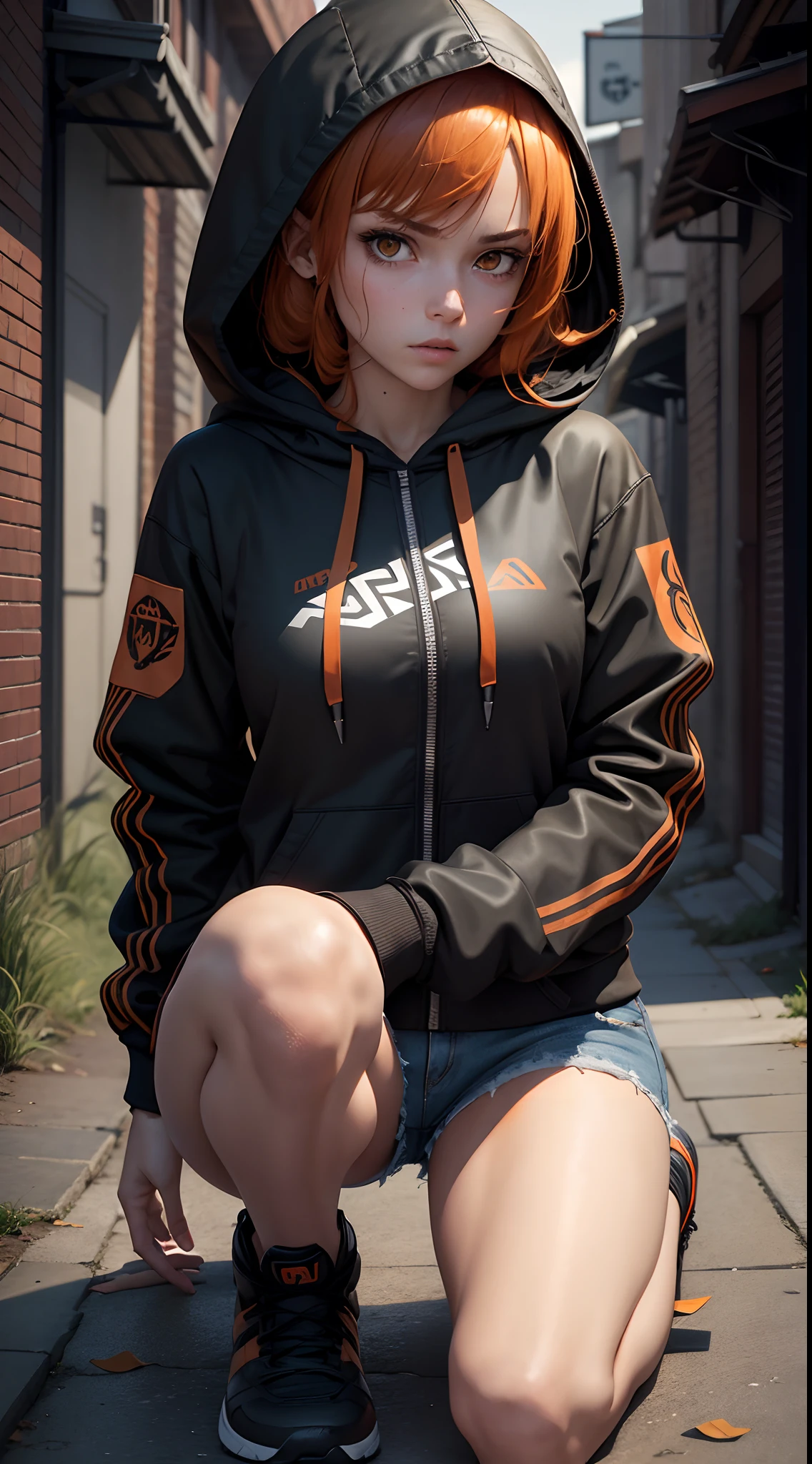 1 female 20 years old, medium orange hair, orange eyes, angry eyes, determined eyes, sharp eyes, wearing black hooded jacket, put on hood, hood up, cover her face with a hood, hide face, wearing jean shorts, wearing black shoes, hand holding hunting knife, from the front, front view, prepare to run, genuflect, left hand on the ground, legs curled up, face looking forward, full body, full character, alley, extremely detailed, best graphics, 8k, ultrasharp, masterpiece