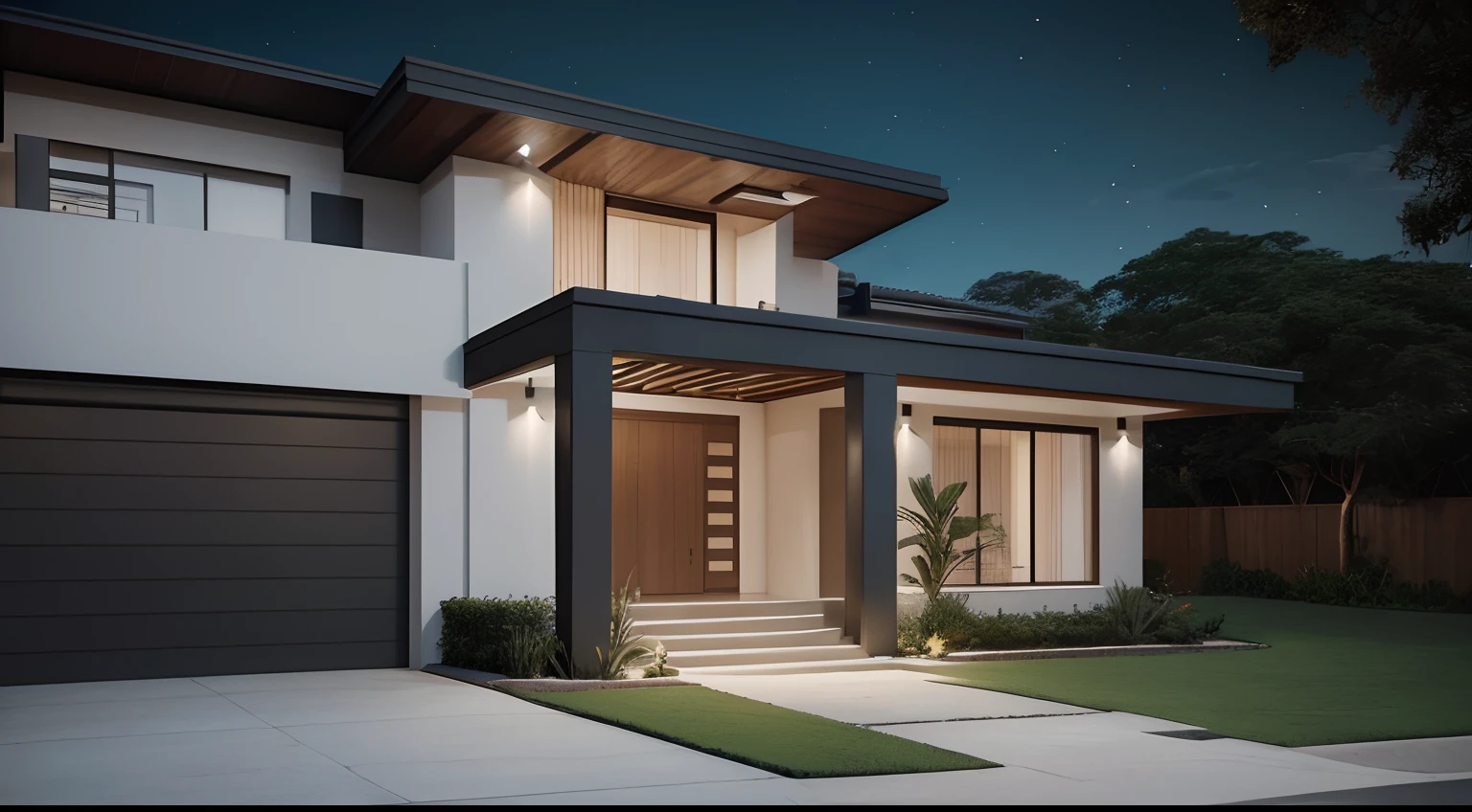 Southwest front view of a house ((estilo moderno)),no meio da floresta, porta de garagem, porta principal e janela, gramado em volta, night ligthning, Lumion Pro rendering, cinematic quality.