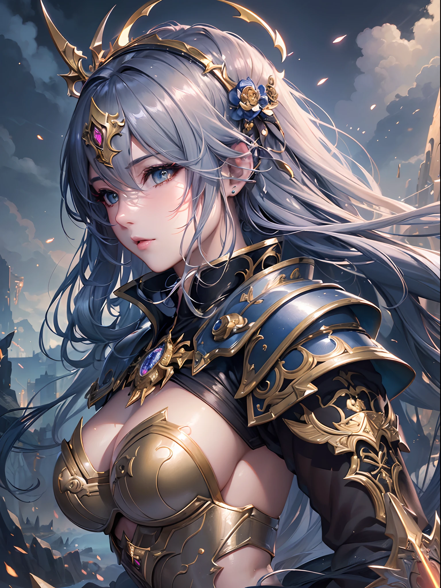 ((Finest quality)),(超A high resolution),(ultra-detailliert),(Meticulous portrayal),((Best CG)),(Finest works of art),Ultra-Precision Art,The art of astounding depiction,Fantasyart, (goddes),Clean face,admire々Shishi Armor, Lightning tearing through the sky,black clouds,