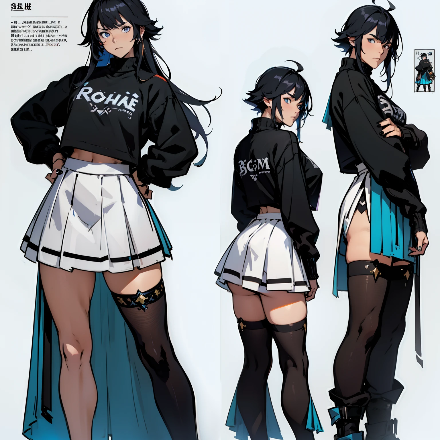 ((character concept art)), ((Character design sheet, same character, front, side)) Video game character design, Rolois,, , 1 femboy, ahoge, Bangs, black skirt, black sweater top, blue nails, blurry, closed mouth, long sleeves,