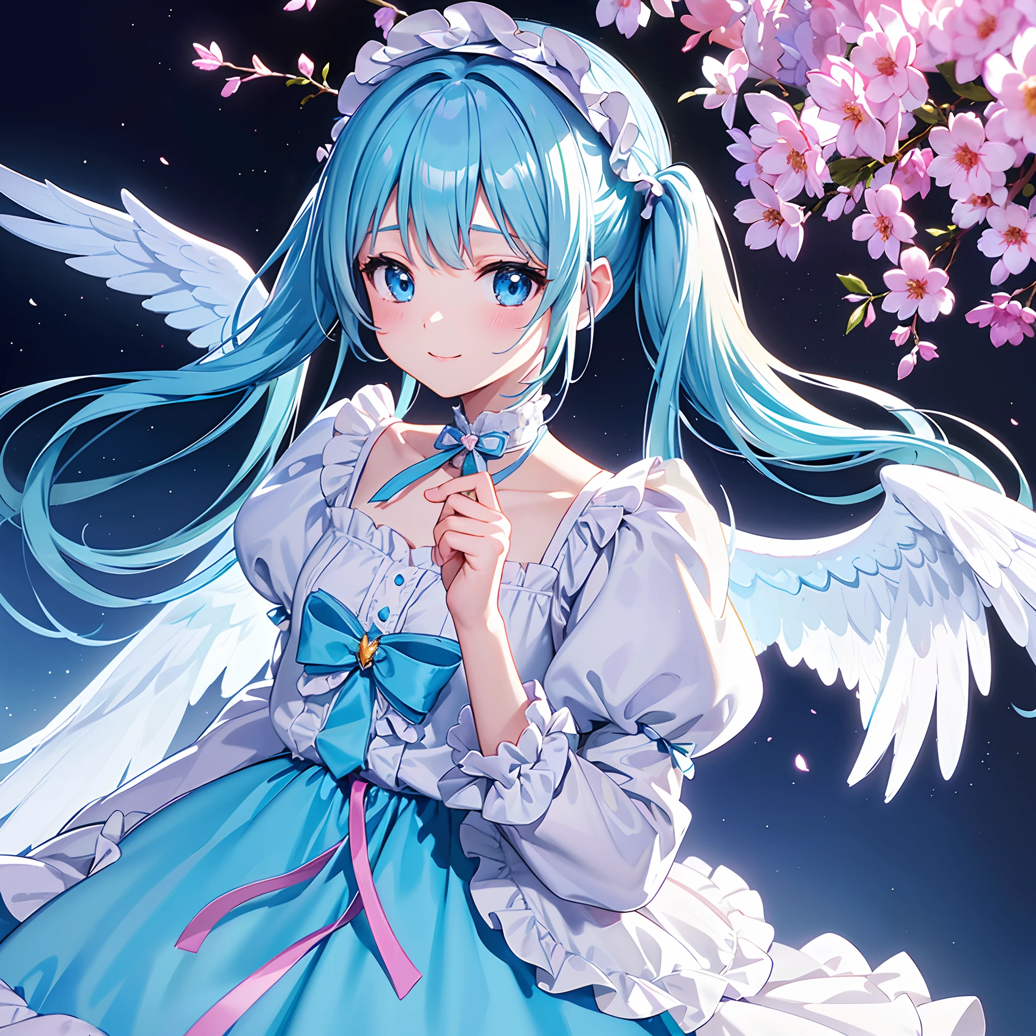 Angel wings shining in seven colors、1 kawaii girl、adorable smiling、Twin tails with long light blue hair、Colorful angel costume in lolita style with ruffles、A blizzard of fluttering flowers(Some photos)、((top-quality))、((masterpiece))、(ighly detailed、highestdetailed、Official art、Beautifully Aesthetic:1.2)