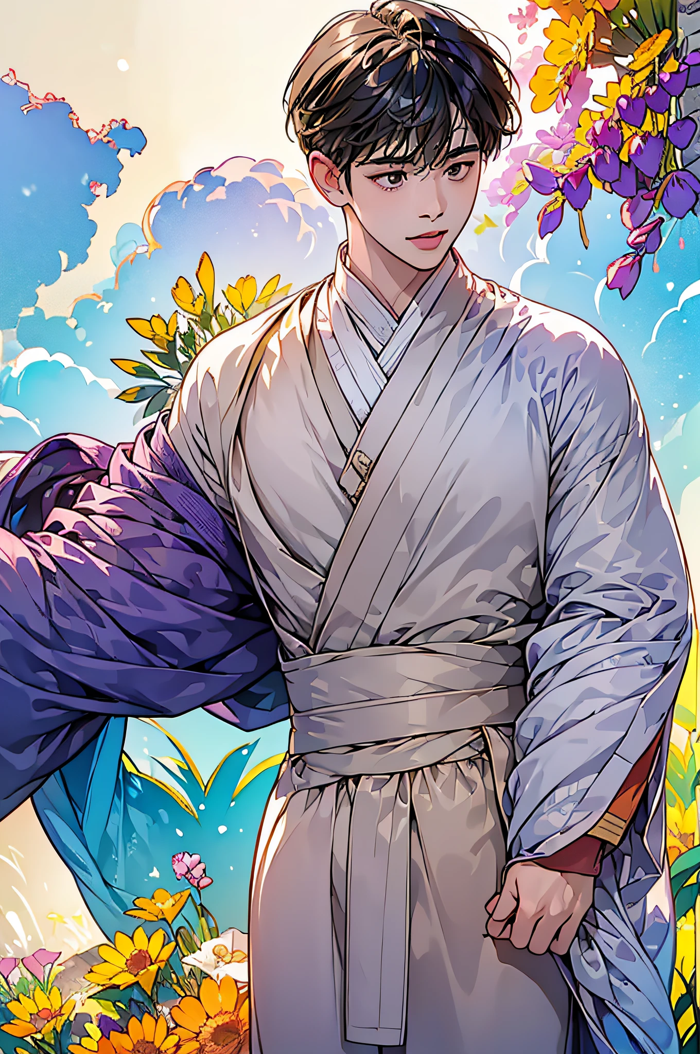 (in 8K、top-quality、masterpiece:1.2)、1 boy、short-haired、Hair short、Brown-skinned、Purple View、