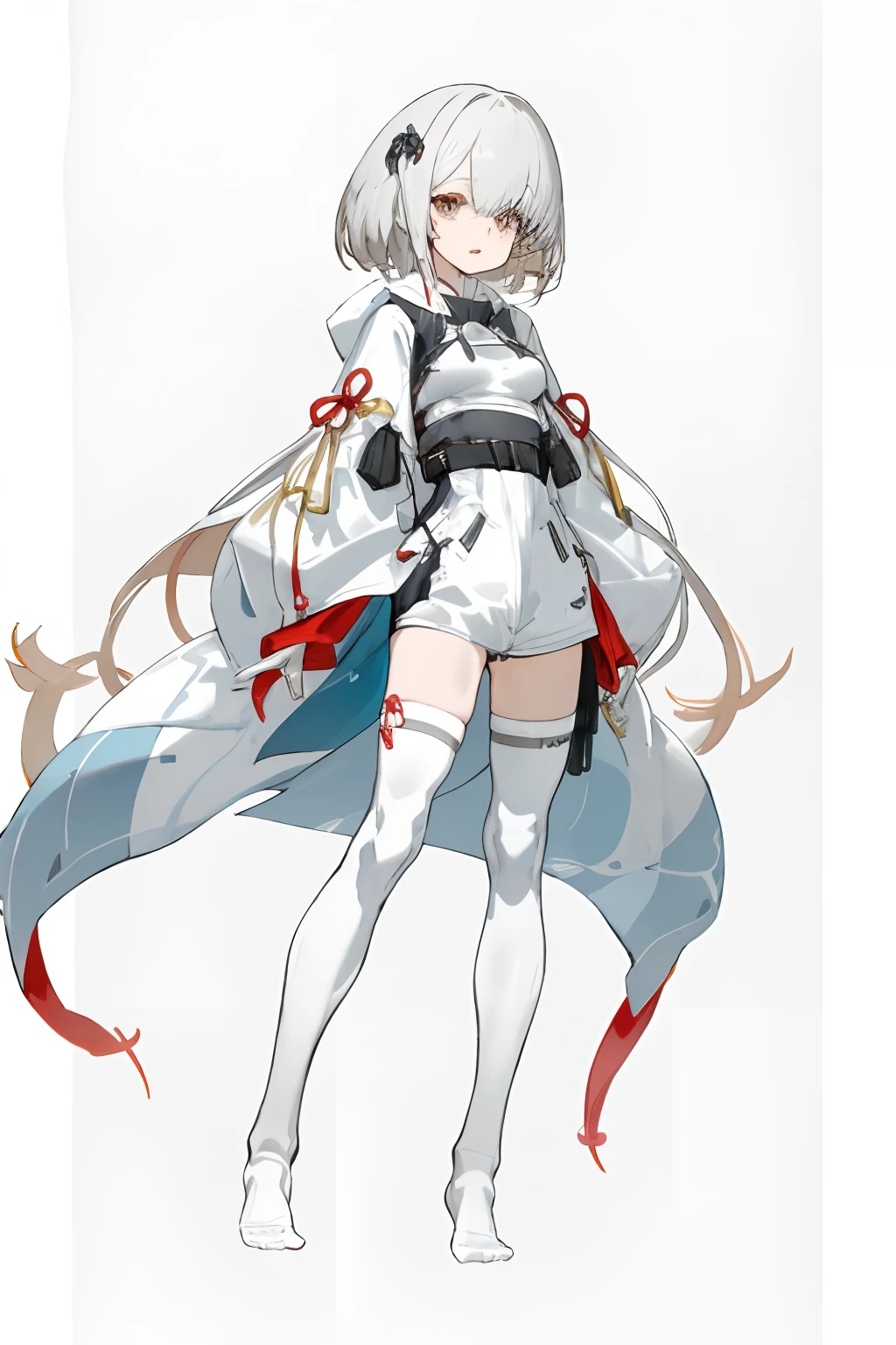 1girll,独奏,whaite hair,long whitr hair,White knee-length stockings,without wearing shoes,hoody,shorter pants,Bigboobs