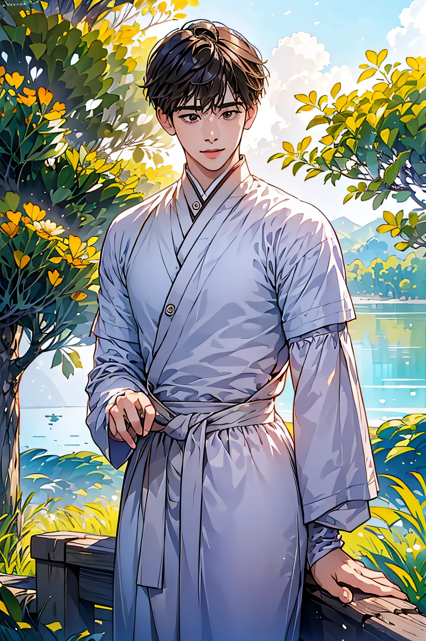 (in 8K、top-quality、masterpiece:1.2)、1 boy、short-haired、Hair short、Brown-skinned、Purple View、