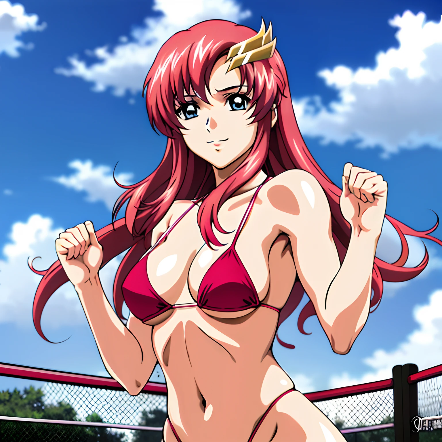 (masterpiece, far view, 4K, Best Quality, Anime style: 1.9,, Adult Woman, ultra detailed face, (cloud background, wrestling), Drawing lines, high resolution, Anime, lacus4), 1girl, Solo, curvy figure, Long hair, 鎖骨, scapular, (Detailed wide hair bangs, Hair Ornament, Detailed reddish-pink hair, golden crest), cleavage, large hands, (female wrestler). (Big blue eyes, shiny eyes), ((female wrestler, little biceps, slender body, broad shoulders, closed fists)), ((perfect proportions, medium breasts, long belly)), (((micro bikini, pink wrestling gear, champion))), happy, smile, , (belly dancing, looking at the viewer), , showing off underarm, (elegant lady), random pose,