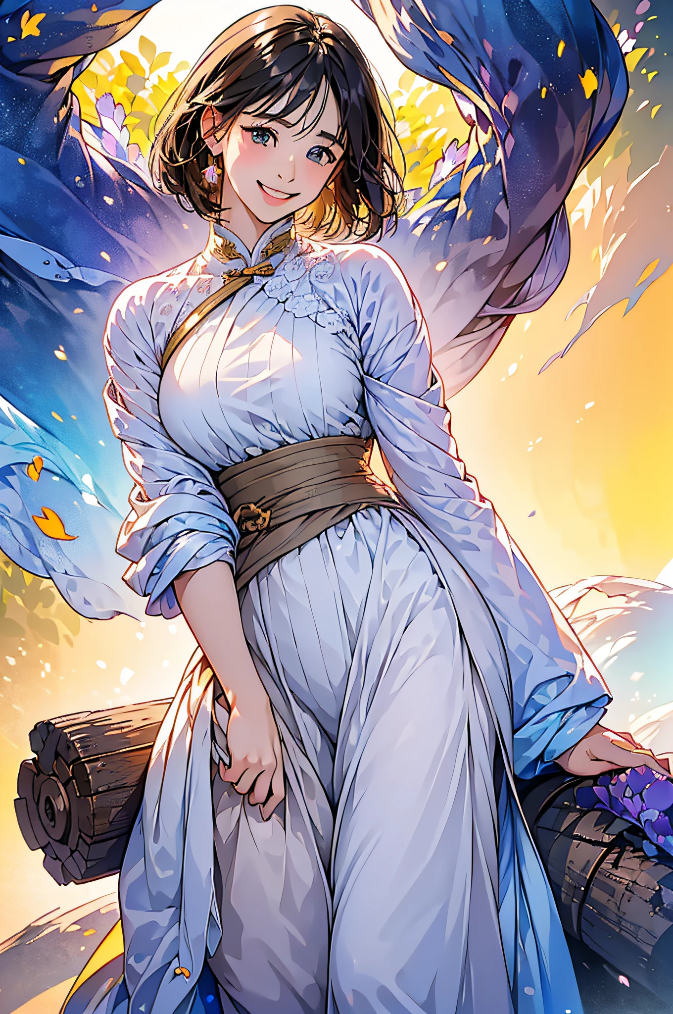 (in 8K、top-quality、masterpiece:1.2)、1人の女性、(Smiling smile:1.1)、beautidful eyes、Valley、The upper part of the body、shorth hair、Like a boy、Colossal tits、Purple View、
