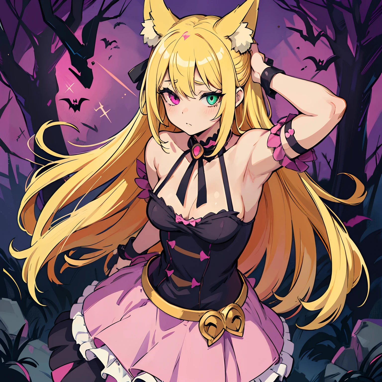 Cartoon picture of a woman with blonde hair and a pink dress, gapmoe yandere grimdark, anime monster girl, gapmoe yandere, demon anime girl, Demon Girl, official fan art, Vampire Girl, bikinis. The Backstory of Hell. gore, tumblr, A kind of chaotic glitter, Pink cult character, Character design : : gotik,
beautiful halloween background,
higly detailed,high detailed eyes,One eye is blue,The second eye is green ,Heterochromia ,fox ears
