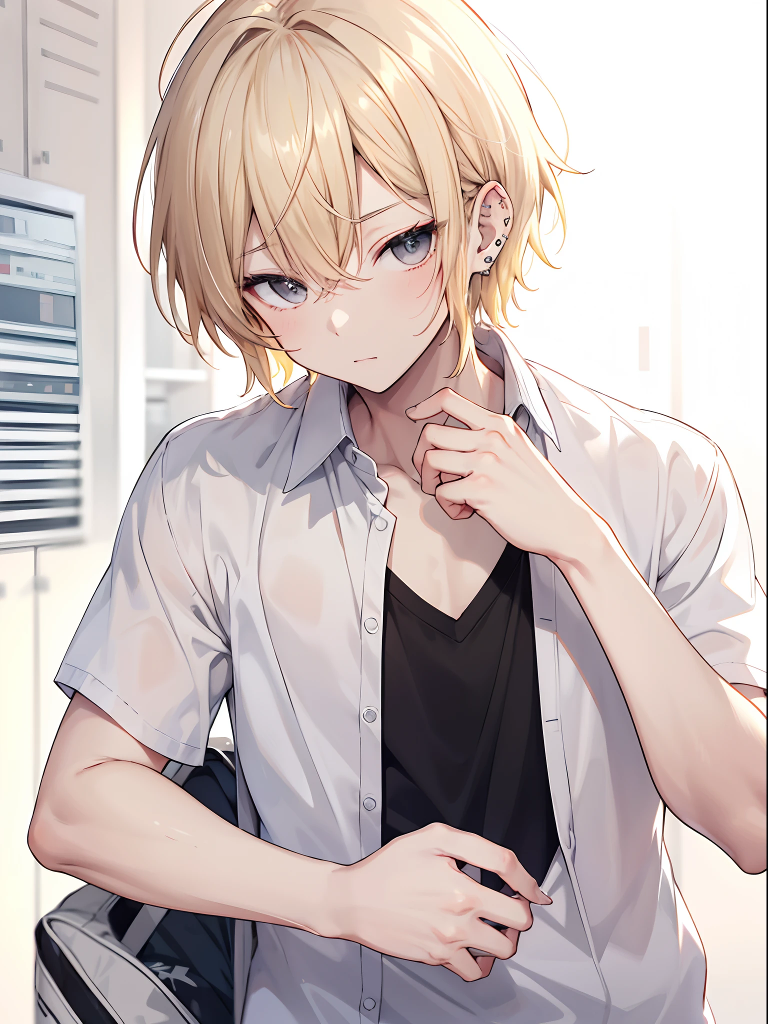 Summer Clothes High Boys Handsome Inner Color Blonde Hair Blur Background Gray Eyes Short Sleeved Shirt Piercings Center Parted Hairstyle