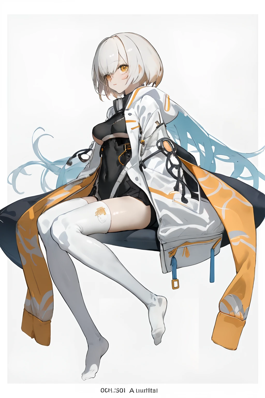 1girll,独奏,whaite hair,long whitr hair,White knee-length stockings,without wearing shoes,hoody,shorter pants,Bigboobs