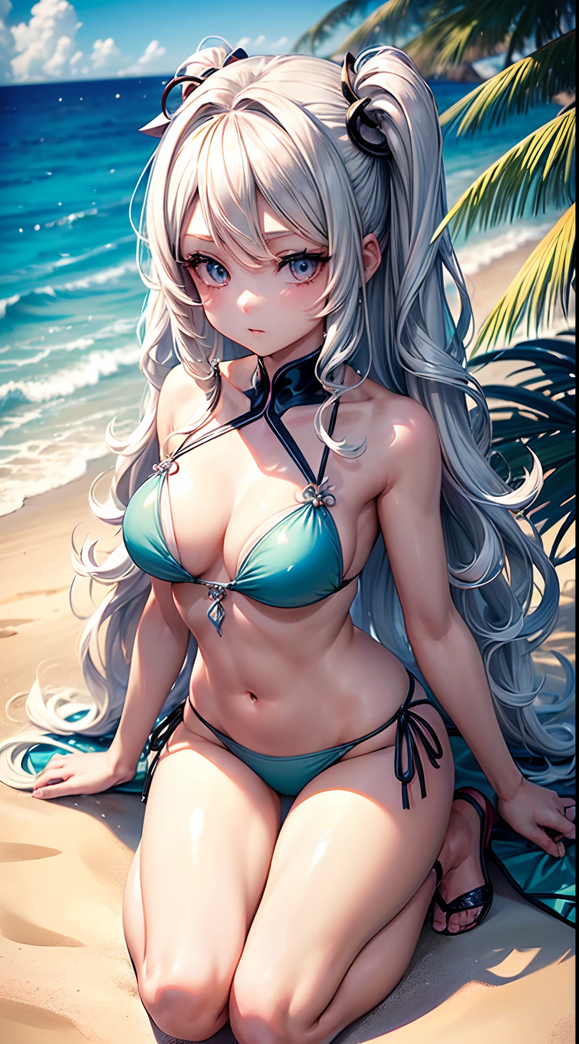 ((Best Quality)), (ultra-detailliert), ((Extremely detailed)), (Beautiful), ((Kawaii Girl)),(two side up hair)、((masutepiece)),Platinum Blonde Hair,Long hair, hair between eye, Wavy Hair, Long sideburns,Jade colored eyes, White skin,Normal Chest,Slender body,side tie bikini bottom、Sandals,in beach,One Woman,Anime