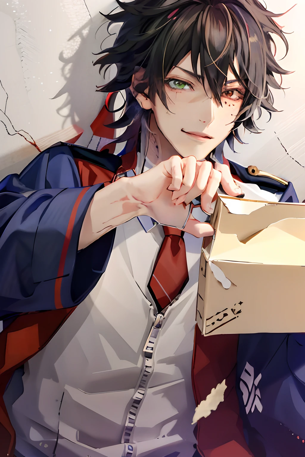 yamada ichiro\(hypnosis mic\), 1 juvenile, 独奏, looking at the viewers, buster bros, Male Focus, 19, Akame, bangss, A dark-haired, hair between eye, heterochromia iridis, verd s eyes, Mole under the eyes, Grinning, Lean, White prince's uniform, Red necktie