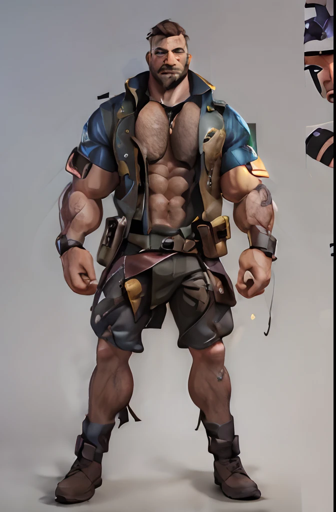 1man, ruggedly handsome, police, male focus, muscular, pectorals, chest hair, facial hair, large pectorals, thighs, thick thighs, holster, navel hair, navel, beard, pectorals, detailed eyes, from below short hair, tough guy, stubble, brown hair, blue eyes, mature male, strong body, Masculine,muscular,solo,bruise,bulge,waistband, 3d, cartoon, cyberwizard