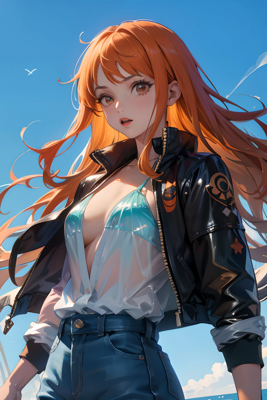 Official art, Unity 8k Wallpapers, ultra-detailliert, Beautifully Aesthetic, masterpiece, top-quality, realisitic, a closeup, Skindentation, interface, A detailed eye, A detailed face, detailed hairs, black backgrounds, straight-on, looking at the viewers, The sheen, Anime, looking at viewer with a cigarette in her mouth, highly detailed with reflections transparent iridescent opaque jacket, Long transparent iridescent RGB hair, 1girl in, Solo, fronds, Long hair, Blurry, Shirt, Parted lips, Outdoors, Floating hair,The bikini,jeans,Bangs, Upper body, Open mouth, tusk, Brown eyes, Wind, Winters,Yuki,snowscape,Blurry background, day, depth of fields, bug, Onepiece,Nami,an orange,orange color hair