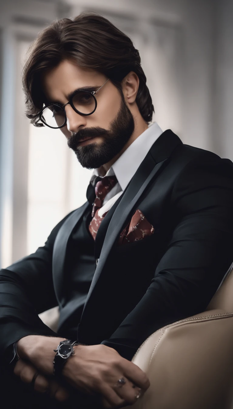 homem de oculos hexagonal geometrico semelhante ao personagem harry potter, terno preto e camisa branca por debaixo, Hair parted a third to the side, cabelo liso preto, cabelo com tupete, rosto olhando pra frente, rosto virado quinze graus pra direita, homem idade 36 anos, barba curta media.