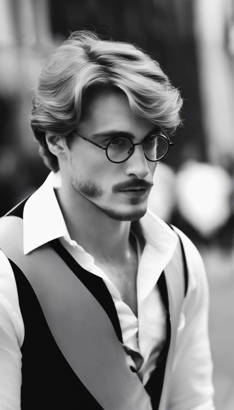 homem de oculos hexagonal geometrico semelhante ao personagem harry potter, terno preto e camisa branca por debaixo, Hair parted a third to the side, cabelo liso preto, cabelo com tupete, rosto olhando pra frente, rosto virado quinze graus pra direita, homem idade 36 anos, barba curta media.