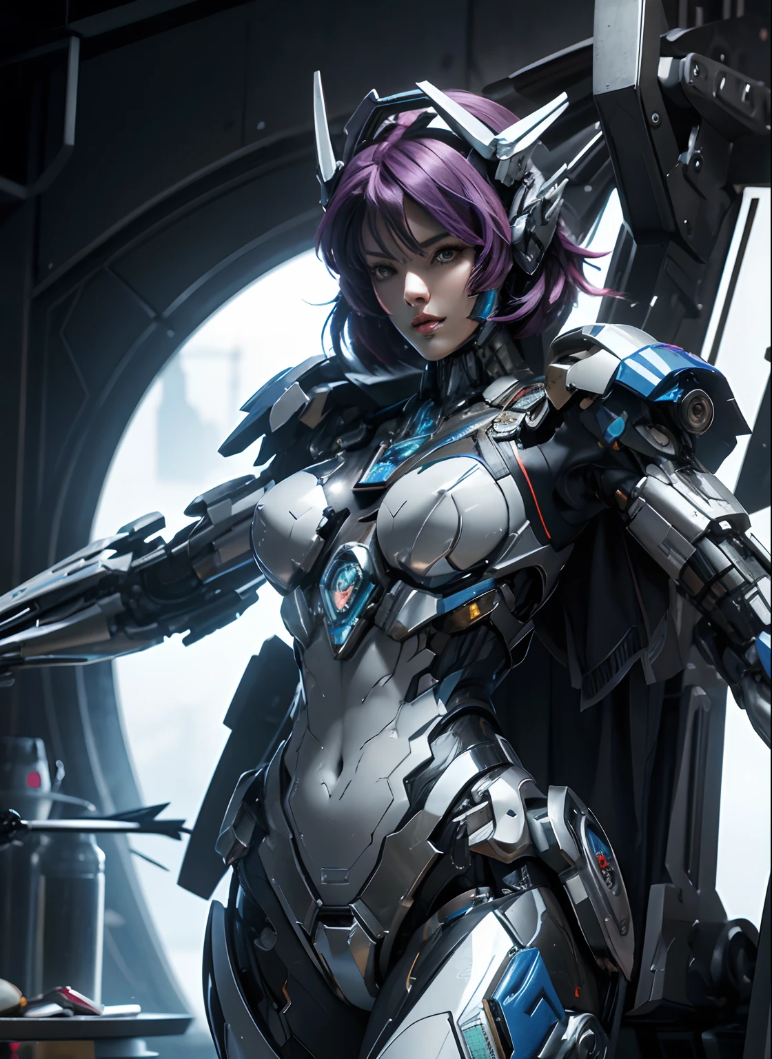 Textured skin, Super Detail, high details, High quality, Best Quality, hight resolution, 1080p, hard disk, Beautiful,(Arcee),(head gear),beautiful cyborg woman,Mecha Cyborg Girl,Battle Mode,Girl with a Mecha Body,She wears a futuristic Arcee mech,Fulll body Shot