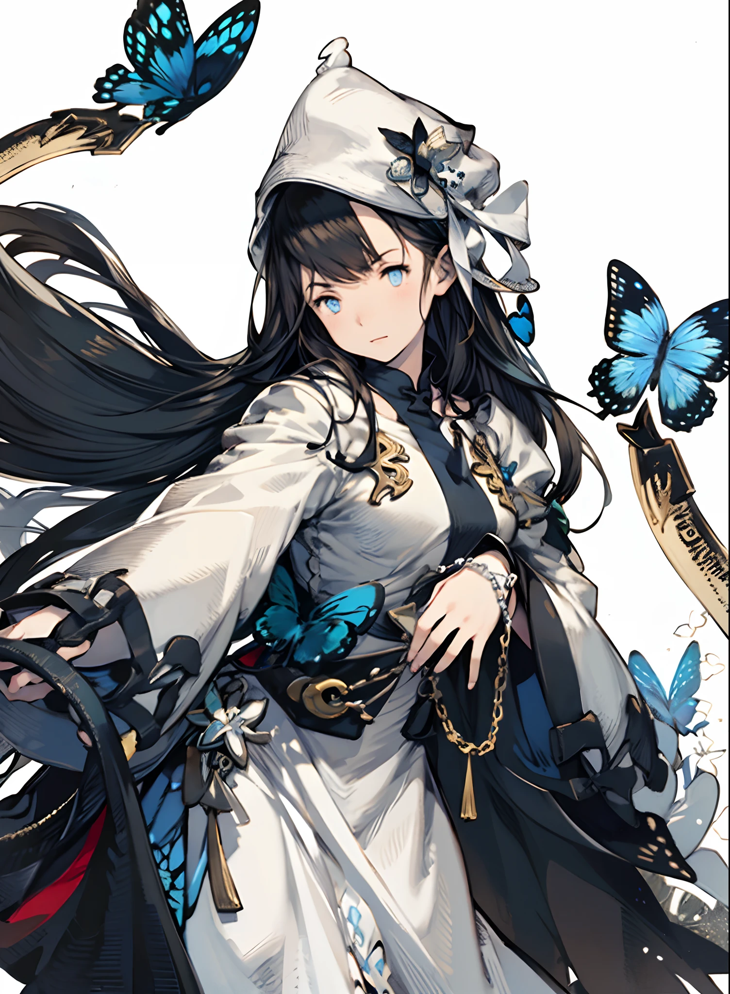 yoshida akihiko, 1girl, bravely default: flying fairy, bravely default \(series\), Nier, final fantasy, blue eyes, hat, blue butterflies, white rosary on hand, blue cross on palm