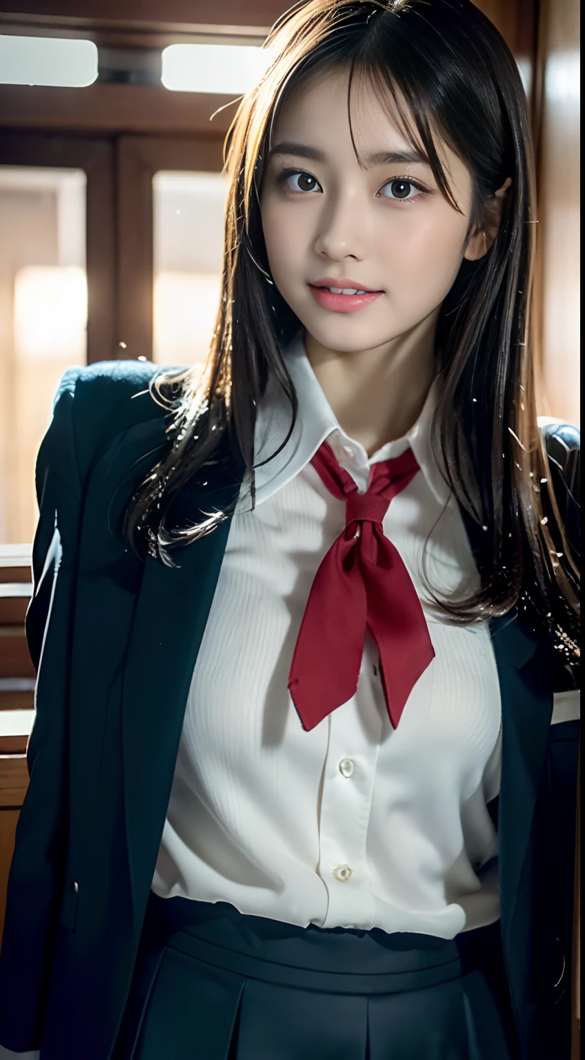 (((32k,hoog detail,hoog detail、masterpiece,attention to detail,Telegraph Esbian,独奏))),Raw foto & Realistic atmosphere,Beautiful dark blue eyes,detailed mouth,Glossy Lips,detailed eyebrows,Finely drawn eyes with soft white skin that shines down to the smallest detail、azure eyes,extremely beautiful eyes,Detailed lips、very beautiful face,Very well-formed face、Vivid faces,Beautiful lips that sparkle, realistic young gravure idol, A very beautiful school girl, , young sensual gravure idol, young gravure idol, Beautiful and cute mature16-year-old school girl,The whole body is wet,Dripping dripping.,With a blush,incredibly beautiful, Sexy and luxurious16-year-old girl,Semi-long brown shiny hair,hair is wet,dripping water,falling,(Looking at the camera:1.4),(A dark,It's very dark,Use a flashlight to illuminate your subject in a pitch-black classroom with no lights.:1.7),(slutty,Healthy body,High detail Hi-Vision Hi-Vision Japan HDTVblackHDTVhi-VisionBlack Hi-VisionBlack Hi-VisionBlack Hi-VisionBlack Hi-Definition Hi-Definition Uniform,Medium smooth breasts,,a mature body, I'm anxious and about to cry,moist eyes,cold smile,Glare,The dazzling face is also beautiful,High-resolution cancer,,High-definition finger,:1.5),(The chest of the uniform is open,Wear black pantyhose and sexy legs, wear a black and red high-end school girl uniform and lift your embarrassing skirt:1.7)