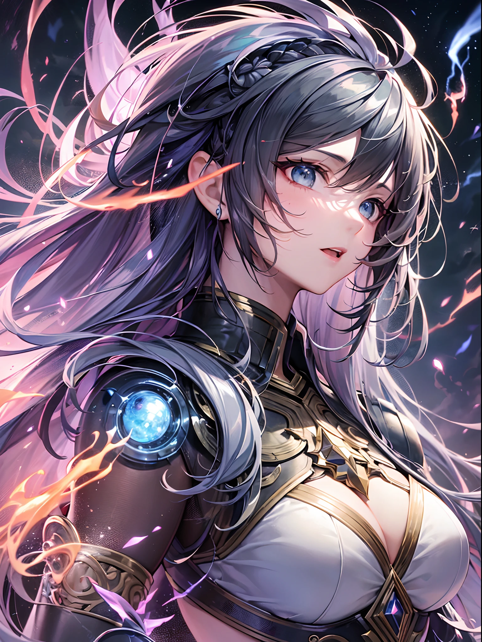 ((Finest quality)),(超A high resolution),(ultra-detailliert),(Meticulous portrayal),((Best CG)),(Finest works of art),Ultra-Precision Art,The art of astounding depiction,Fantasyart, (goddes,god of thunder),Clean face,shout,admire々Shishi Armor:1.5, Lightning tearing through the sky,black clouds,thunderbolt