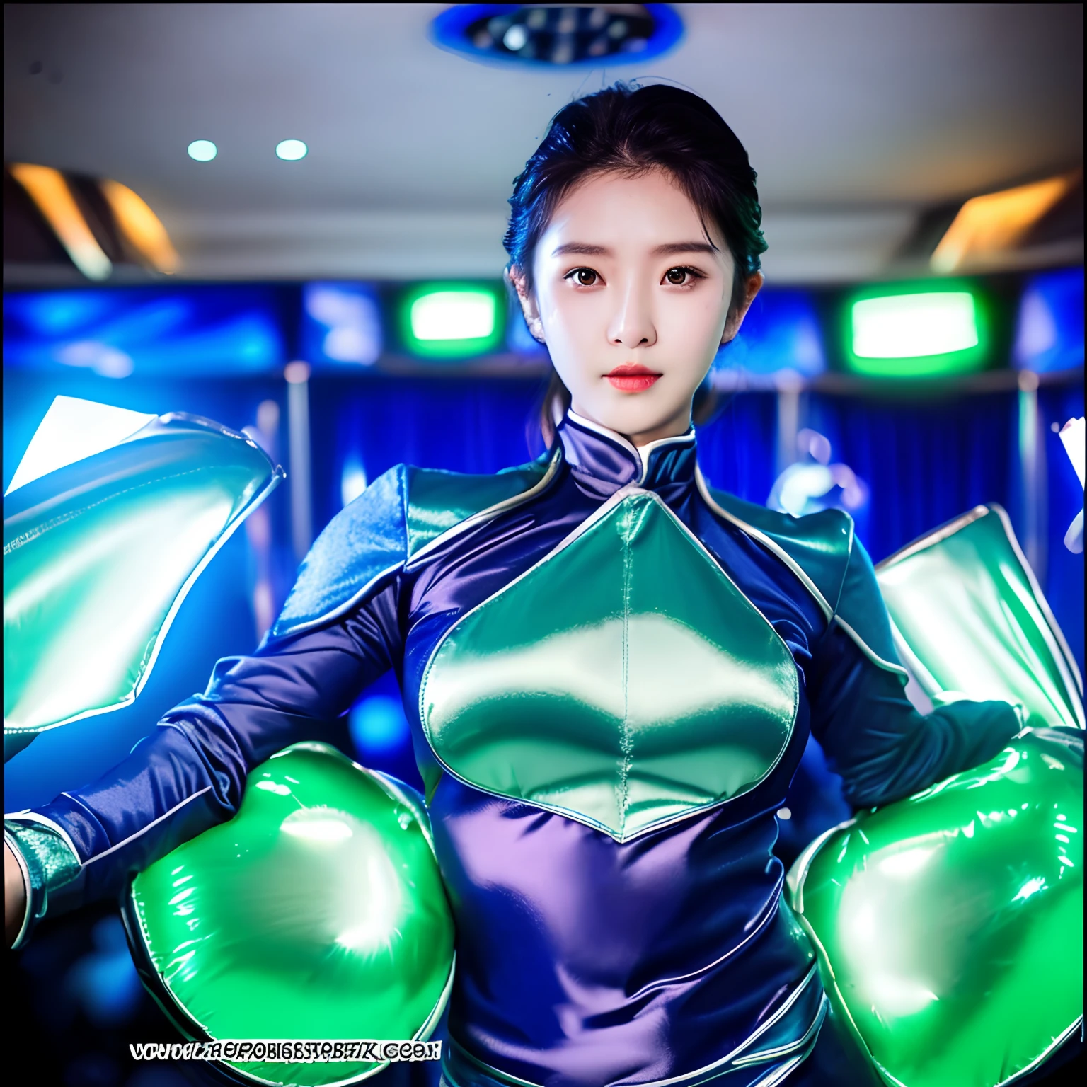 Dazzling shiny deep blue-green and silver power rangers made of thick satin fabric - Korean in suit - entertainer woman。Disguising herself as the heroine with her own movie poster projected on a fairly large monitor in a dimly lit room、Protruding above hands and head in front of multiple fans.、Fans are taking pictures of me。High-definition photos with realistic skin texture。Light is gathering in the costume。Beautiful person with a gentle expression。eyes are not big、rise、long eyelashes。- No helmet。Abundant gloss in satin fabric outfits。Satin fabric wrinkled and beautiful。Satin fabric is very smooth。Satin fabric is smooth, Delicate and beautiful。The face is a little sweaty and shiny。