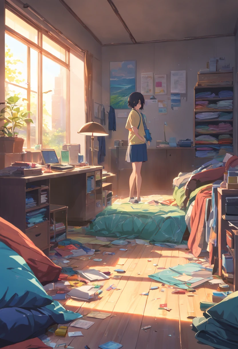 (best quality, high resolution, photo-realistic:1.37), vibrant colors, messy wardrobe, piles of clothes, scattered garments, crumpled blankets on the floor, sunlight pouring through the windows, dust particles floating in the air, long shadows stretching across the room, abandoned hangers swinging gently, unique patterns and textures on the clothing, a sense of disarray and disorganization, a mix of bright and dark hues, contrasting tones and shades, a hint of mystery and intrigue, a captivating scene that evokes curiosity and wonder.