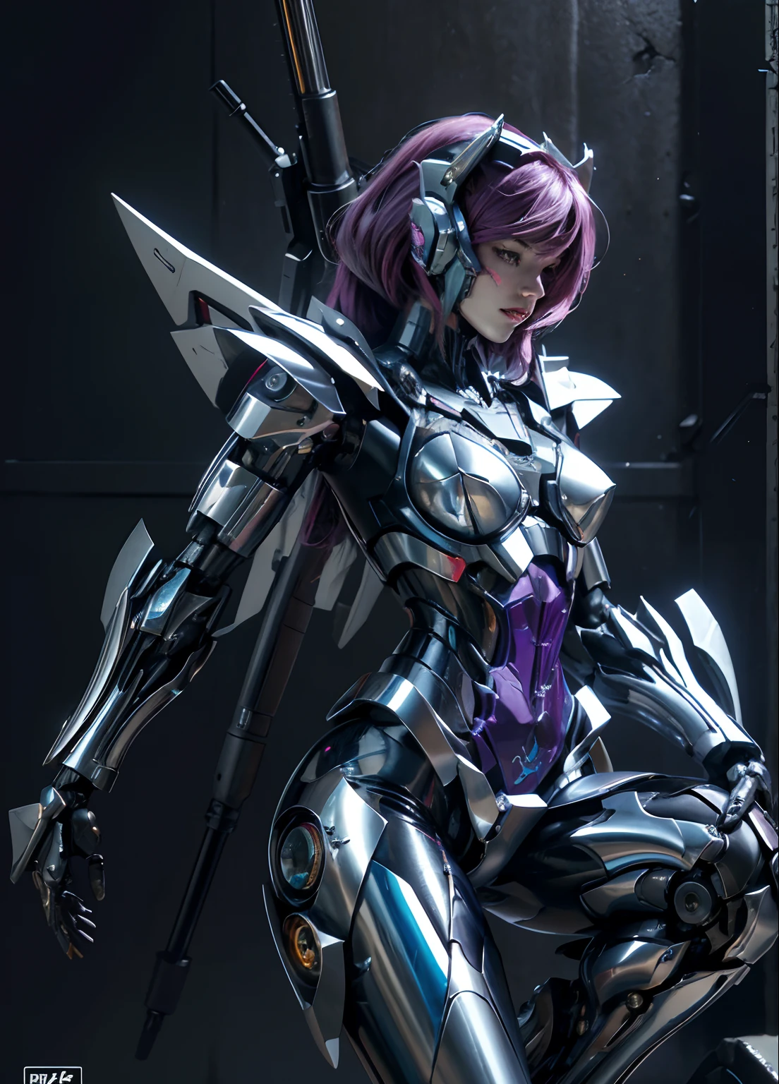 Textured skin, Super Detail, high details, High quality, Best Quality, hight resolution, 1080p, hard disk, Beautiful,(Arcee),(head gear),beautiful cyborg woman,Mecha Cyborg Girl,Battle Mode,Girl with a Mecha Body,She wears a futuristic Arcee mech,Fulll body Shot