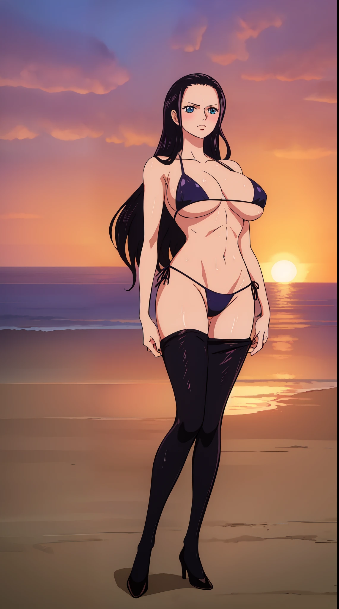 Nico Robin from one piece, black long hair, blue eyes, dark wide pupils, blushing, big breasts, side boobs, wearing thong bikini, standing on the beach, sunrise, shiny skin, wet body, evining theme, heels, abs,