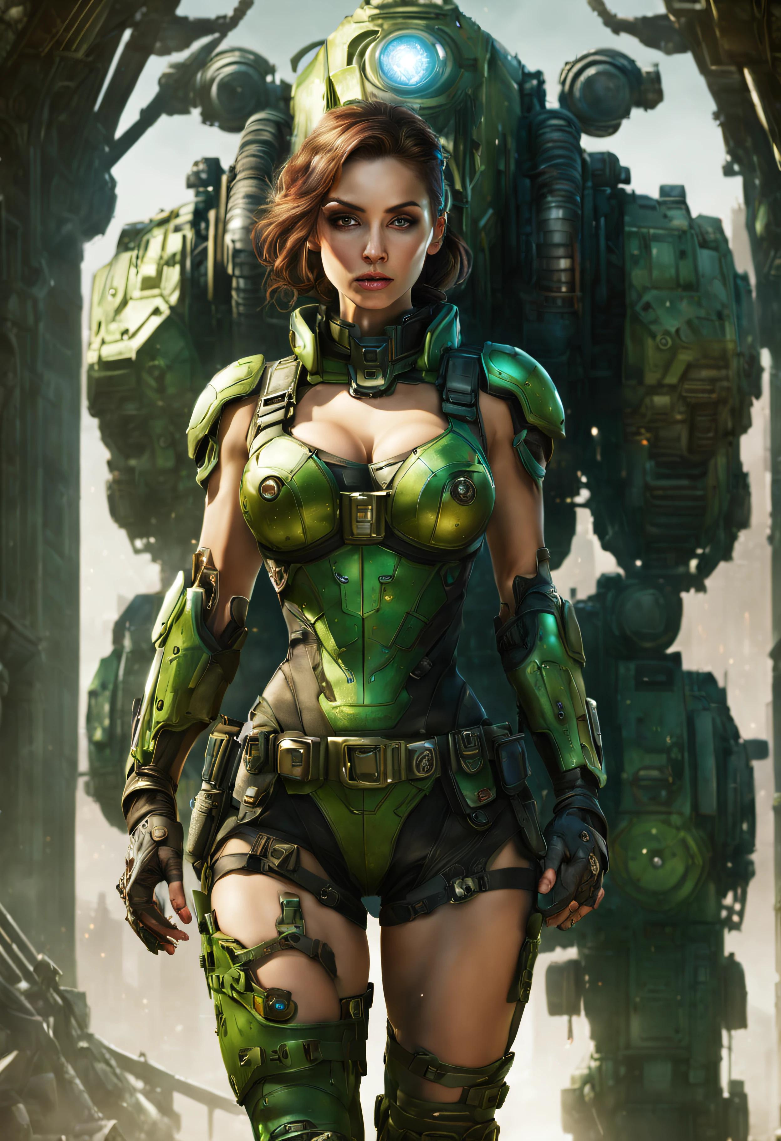 cuerpo entero,hembra con cara rara de alienigena extraterrestre pero bellisima, con ojos supergrandes en relacion con su cara, con iris de color verde,con el uniforme militar marron sexy con minifalda, de gears of war,(se encuentra en centro de control de estacion espacial).8k.