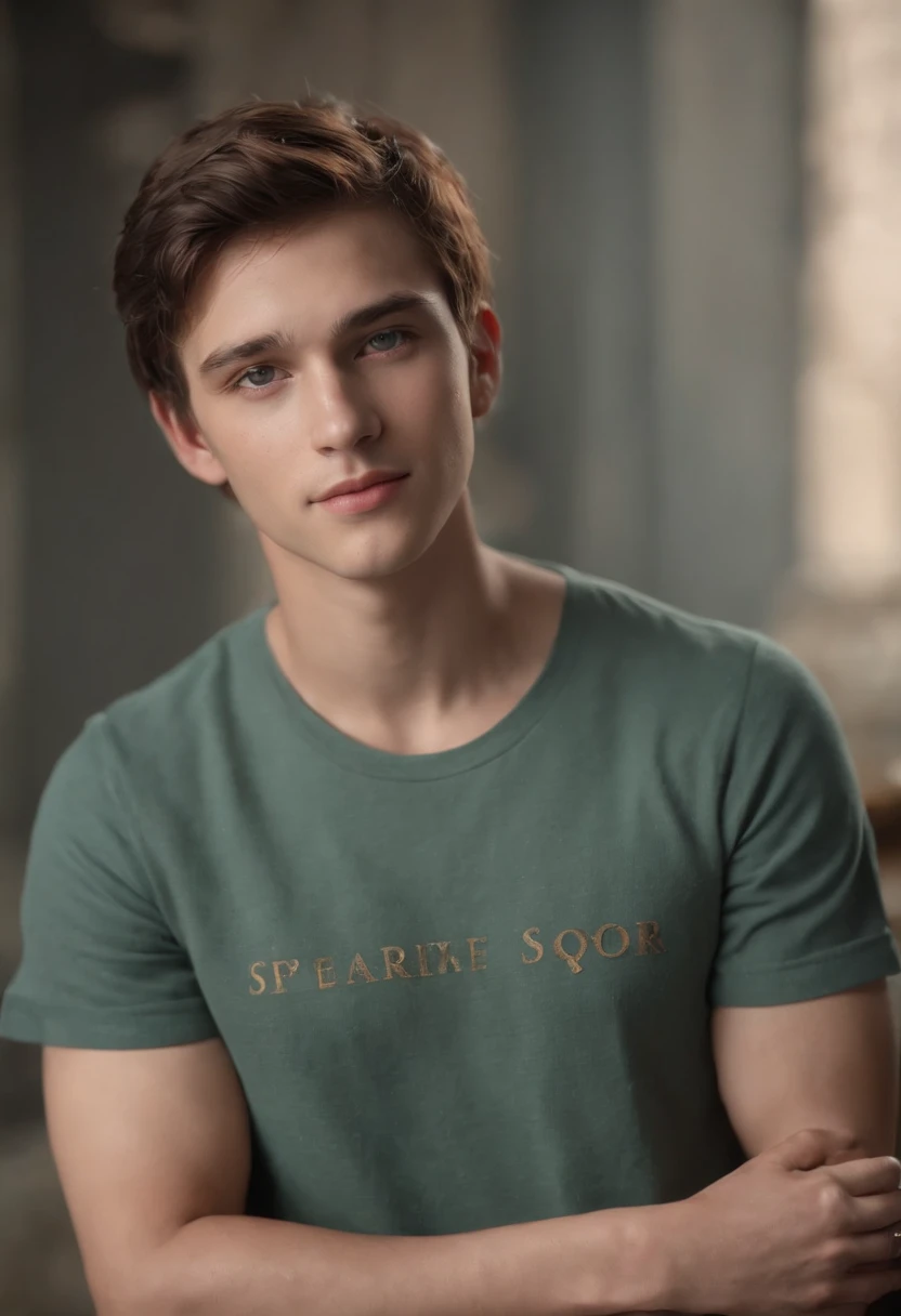 (best quality,highres,masterpiece:1.2),ultra-detailed,realistic,teenage boy with mesmerizing sea-green eyes,strong facial features,windy jet-black silk-like short hair,athletic build,wear an orange round-neck short sleeve with black "CAMP HALF-BLOOD" lettering,smiling with a hint of untamed wildness,carries an ethereal black winged horse,tattooed trident on his right arm,beneath it, inked the letters "SPQR" with a hyphen