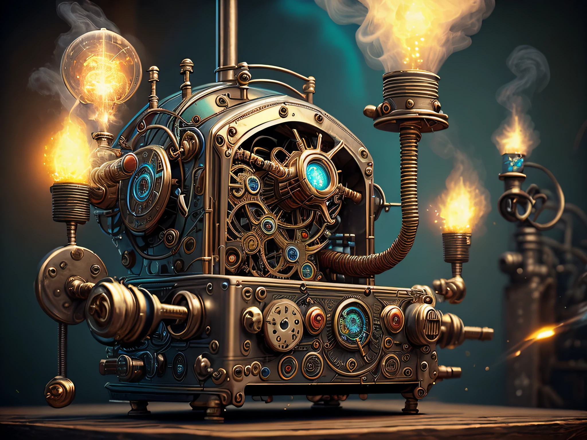 (best quality,4k,8k,highres,masterpiece:1.2), ultra-detailed, (realistic,photorealistic,photo-realistic:1.37), toaster, whimsical, intricate, steampunk-inspired, celtic patterns, vibrant colors, complex machinery, gears and levers, smoky atmosphere, glowing hot metal, exquisite craftsmanship, intricate engravings, elaborate steam vents, creative fusion, futuristic elements, mechanical marvel, fantastical contraption, imaginative design, magical lighting, mysterious aura, captivating scene.