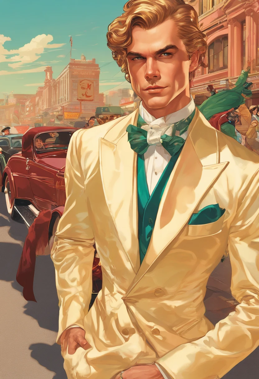 (full-body poster),(j.c.leyendecker style),(elegant Irish young man),(long wavy hairstyle),(eccentric tuxedo),(graceful dance),(warm color palette),(reduced saturation and brightness),(best quality, highres, masterpiece:1.2),(sophisticated),(you are the chosen one)