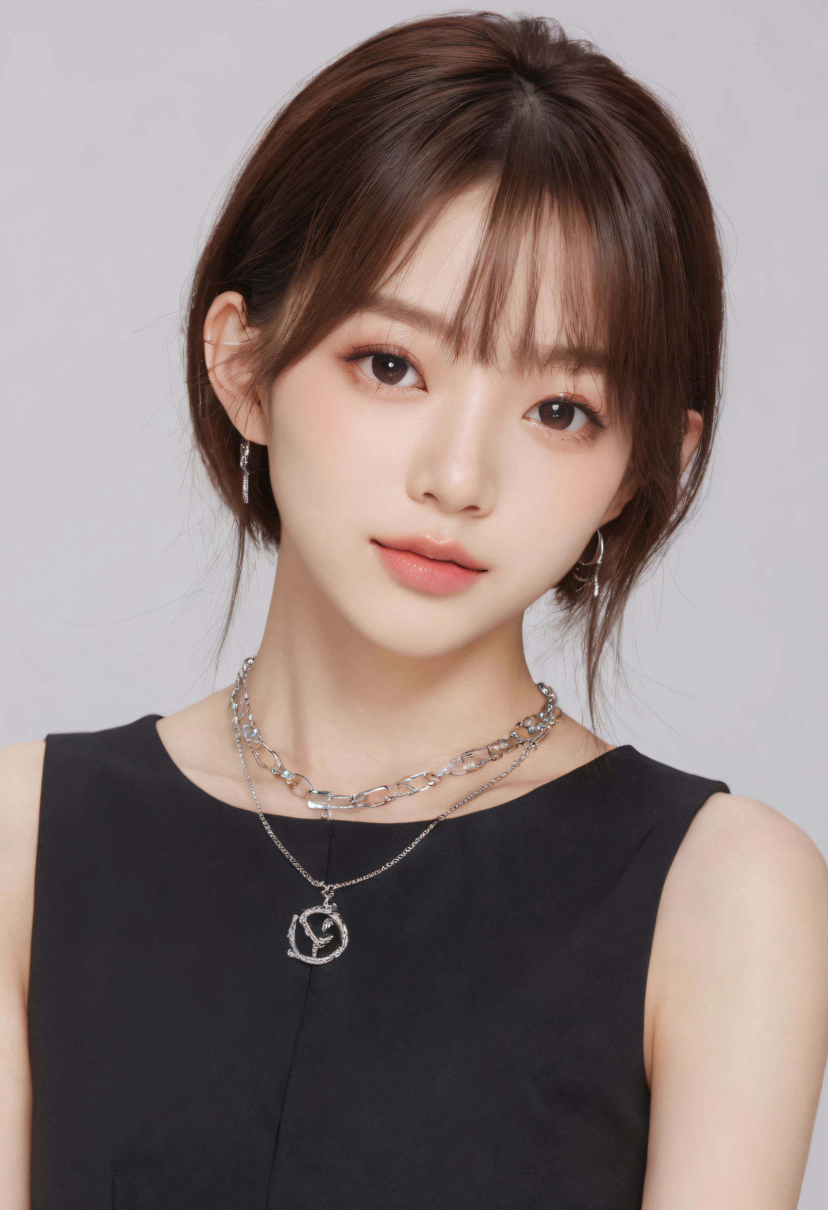 xxmixgirl,woman in a black dress posing for a picture, “uwu the prismatic person, kpop style colors, shot at night with studio lights, neck chains, inspired by Wang Yuanqi, brown hair with bangs, 1:1 album artwork, streaming on twitch, plastic doll, lisa, glamorous angewoman digimon,((Classroom:1.3))、hposing Gravure Idol