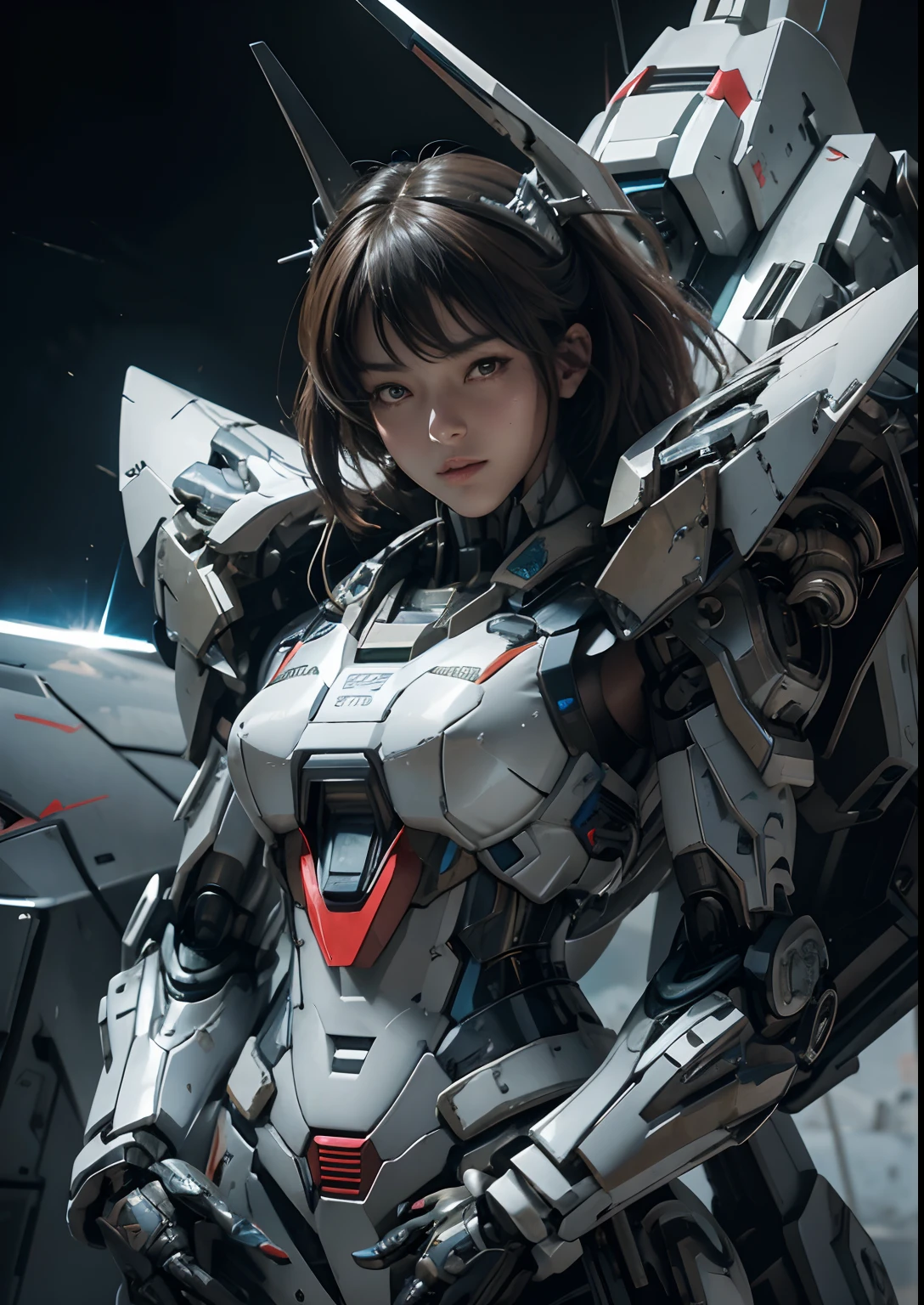 Textured skin, Super Detail, high details, High quality, Best Quality, hight resolution, 1080p, hard disk, Beautiful,(Gundam),beautiful cyborg woman,Mecha Cyborg Girl,Battle Mode,Girl with a Mecha Body,She wears a futuristic Gundam mecha,Fulll body Shot