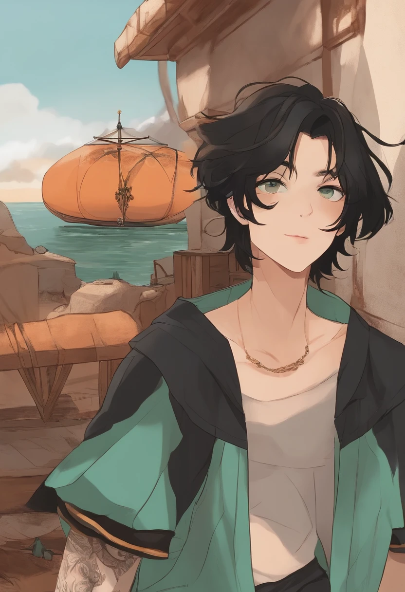 A sixteen or seventeen-year-old white boy with short hair and straight black hair like flowing satin。A pair of big bright sea green eyes with a bright god。A wild grin on his face,Thin stature,Wear an orange crewneck with short sleeves,The short sleeves have the word CAMP HALF-BLOOD written in black and a black winged horse,There is a trident tattoo on the right arm,The four letters SPQR and a horizontal bar are also tattooed underneath