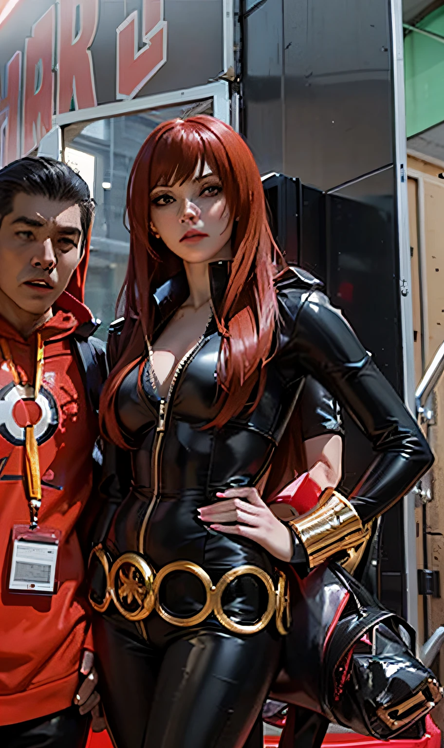 a man and a woman standing together and posing for the camera in superhero-themed attire. The woman, on display to the right, is dressed as the Black Widow character from the Marvel Universe, featuring a shiny black latex leather bodysuit with a belt, and fiery red hair. The man on the left is dressed in a red hoodie displaying the iconic Spiderman logo. At their feet, personal items including a backpack can be observed, adding to the ambiance of the scene. The setting is lively, likely at an event such as a comic convention.