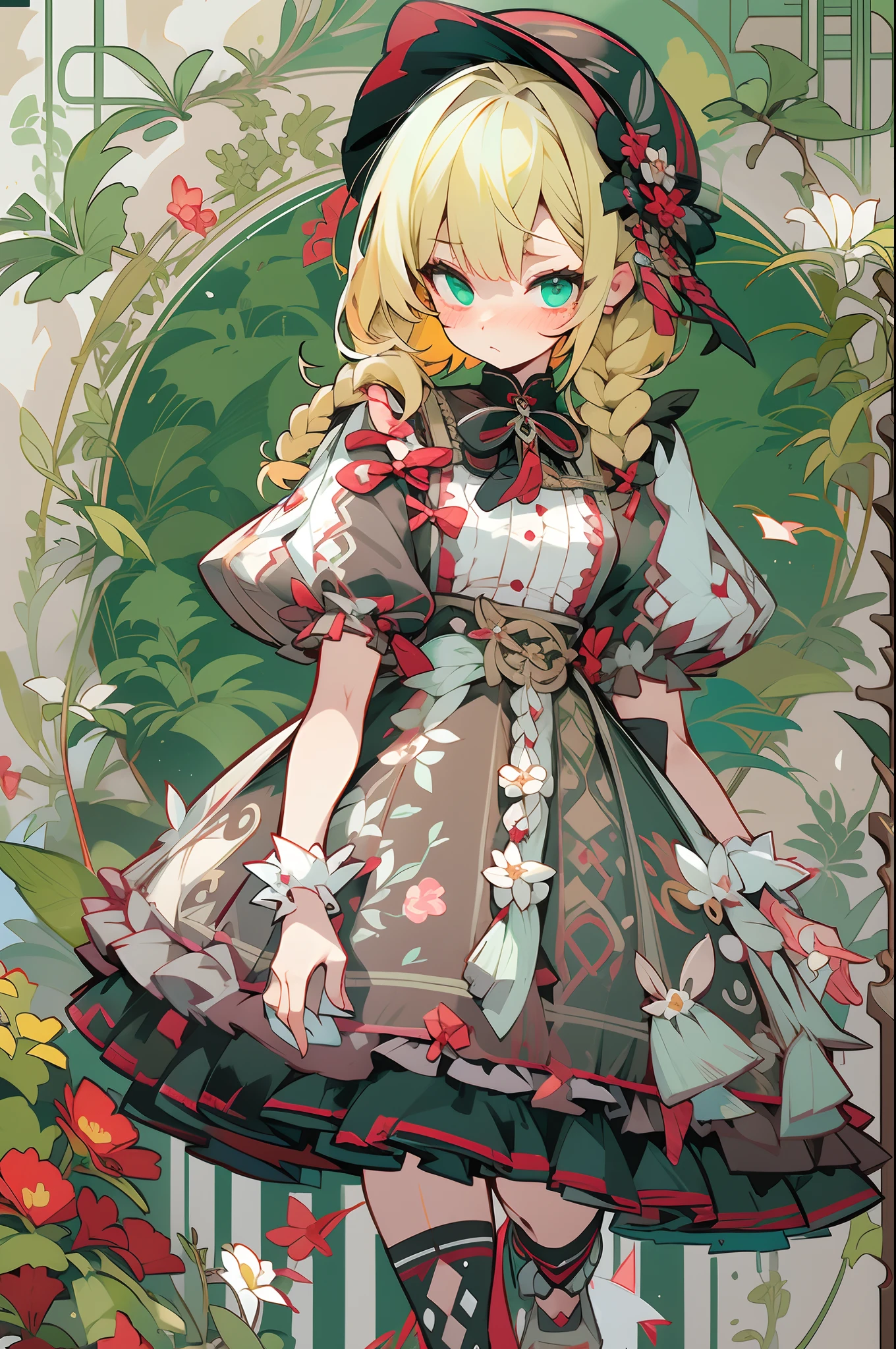 (1 Gothic Lolita), (独奏), (Full body standing painting), 独奏, BJD dolls, Blush, shift dresses，character  design, fanciful, alice in the wonderland, Gothic Lolita red dress, Green high socks, White flowers, ((red colour)), Blonde hair, Short hair, Double up braid, tmasterpiece, top Quority，best qualtiy，超高分辨率，Exquisite facial features,