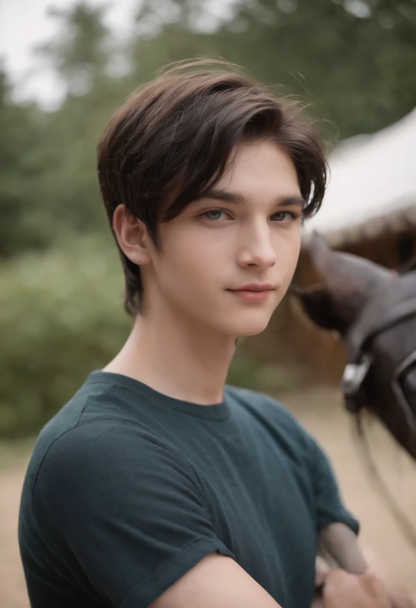 A sixteen or seventeen-year-old white boy with short hair and straight black hair like flowing satin，A pair of big bright sea green eyes with a bright god，A wild and untamable smile on his face，Thin but fit，Wear an orange crewneck with short sleeves，The short sleeves have the word CAMP HALF-BLOOD written in black and a black winged horse，There is a trident tattoo on the right arm，The four letters SPQR and a horizontal bar are also tattooed underneath
