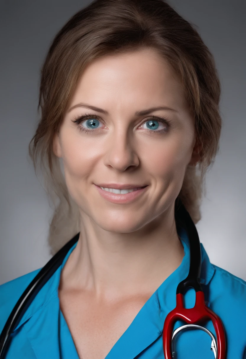 **A brunette female doctor with blue eyes in uniform and her stethoscope staring at the camera. --v 4: 50** - (presque) --s 2