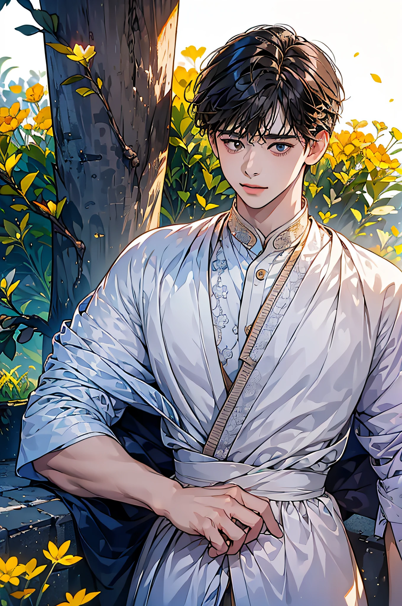 (in 8K、top-quality、​masterpiece:1.2)、1 boy、short-haired、Hair short、Brown-skinned、Purple View、