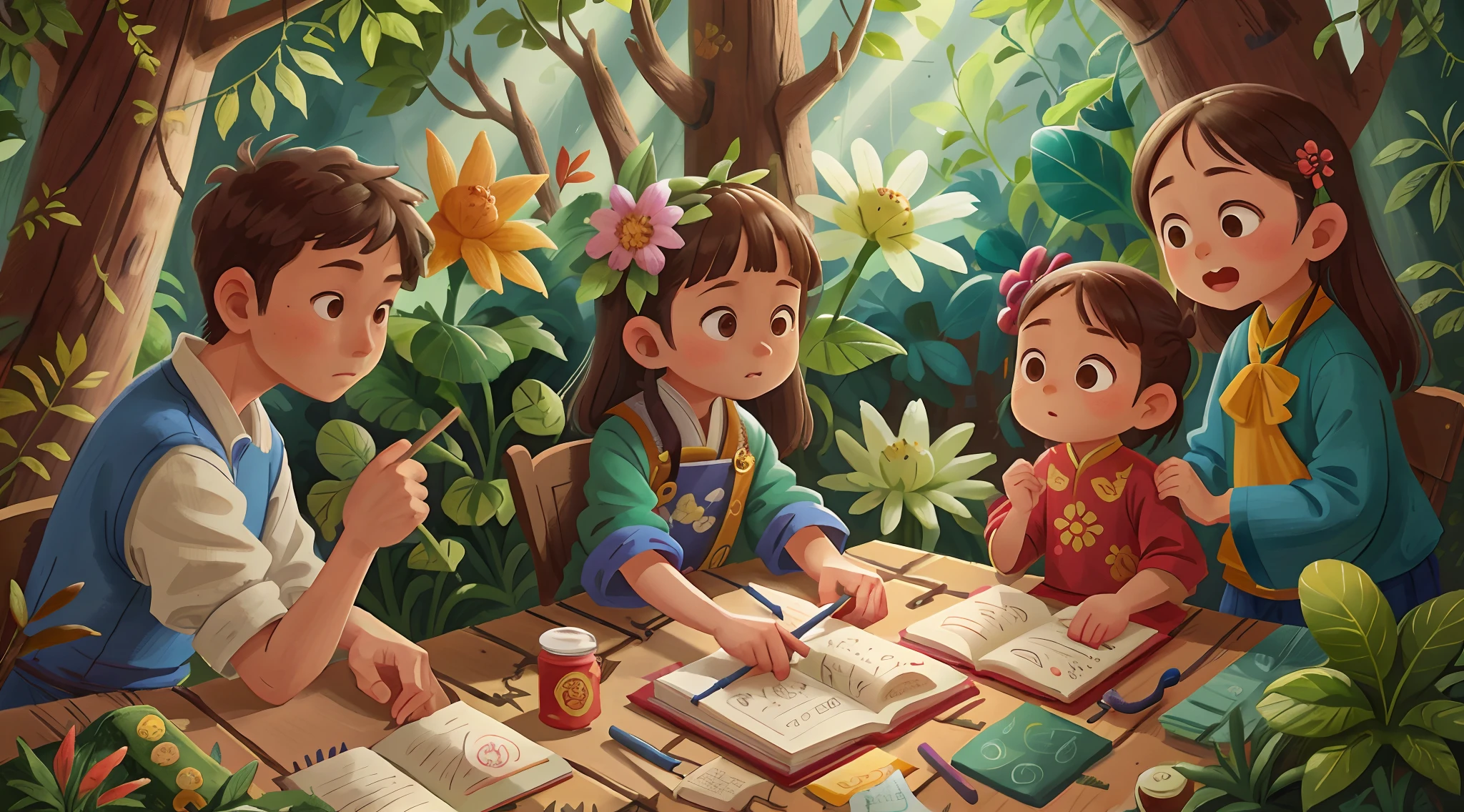 Zuzu asks for help from his friends, a fairy and a little dragon.
They work together to find a solution to the frog's spell.
After several attempts, they discover that a special potion is needed to reverse the spell.
The friends embark on a small adventure to find the ingredients of the potion. the little wizard fumbled, poses and expressions on white background, children's book illustration style, simple, cute, 6 years old, colors, short brown hair, smooth color, magician's pulley, frog hat, with spell book, no glasses, no backpack --auto