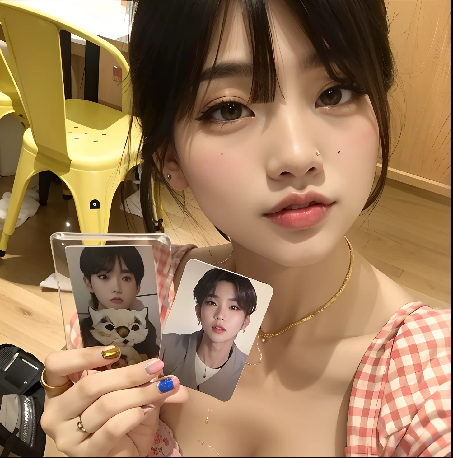 Araffe Asian woman holding a picture of herself in a restaurant, Jinyoung Canela, Yanjun Chengt, Ulzzang, jossi do blackpink, Kim Doyoung, Cai Xukun, Lalisa Manobal, foto do perfil, foto de perfil, jinyoung shin aesthetic, foto portait foto de perfil, Lalisa Manoban do Blackpink, Album art, Xision Wu, Kim taehyung